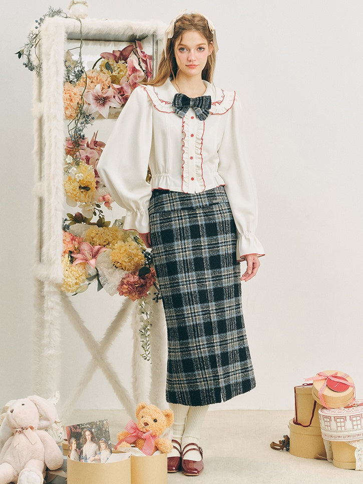 Checked I-Line Slit Mid-Length Skirt &amp; Ribbon