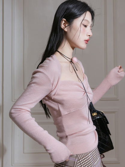 Square Neck Ribbon Design Bottoming Shirt