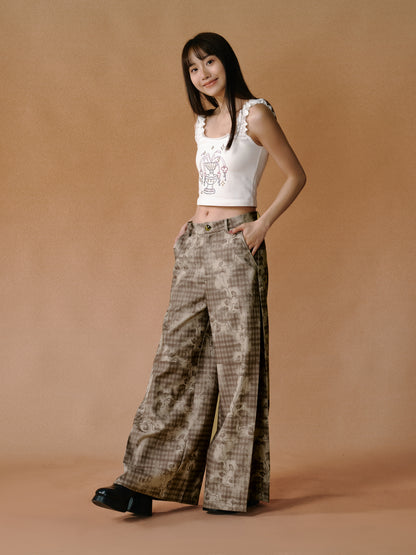 Retro Hand-painted Smudged Plaid Wide-leg Pants