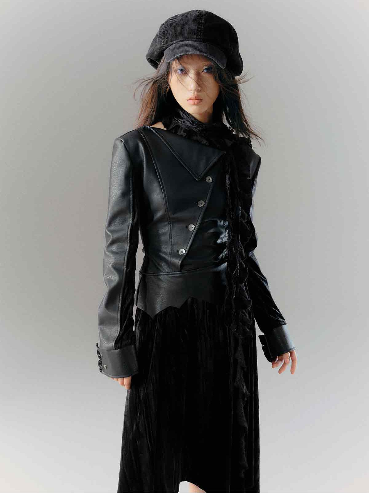 Slim-fit Diagonal Placket Leather Velvet Dress ARCANA ARCHIVE Slim-fit Diagonal Placket Leather Velvet Dress ARCANA ARCHIVE