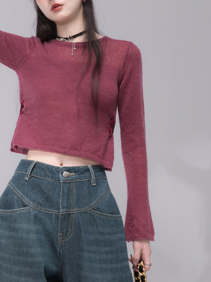 Slit Ribbon Cropped Knit Top