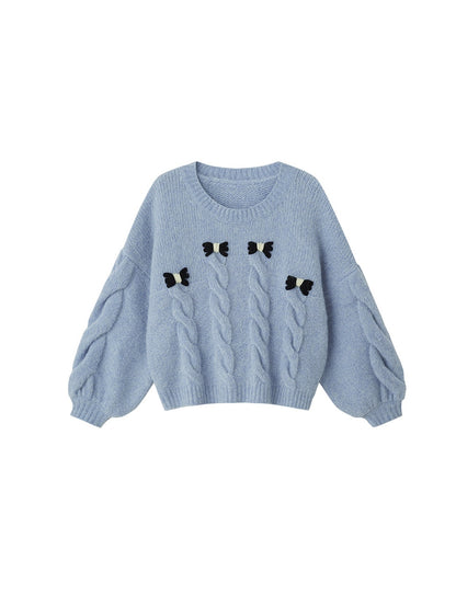 Round Neck Cable Bow Knitted Sweater