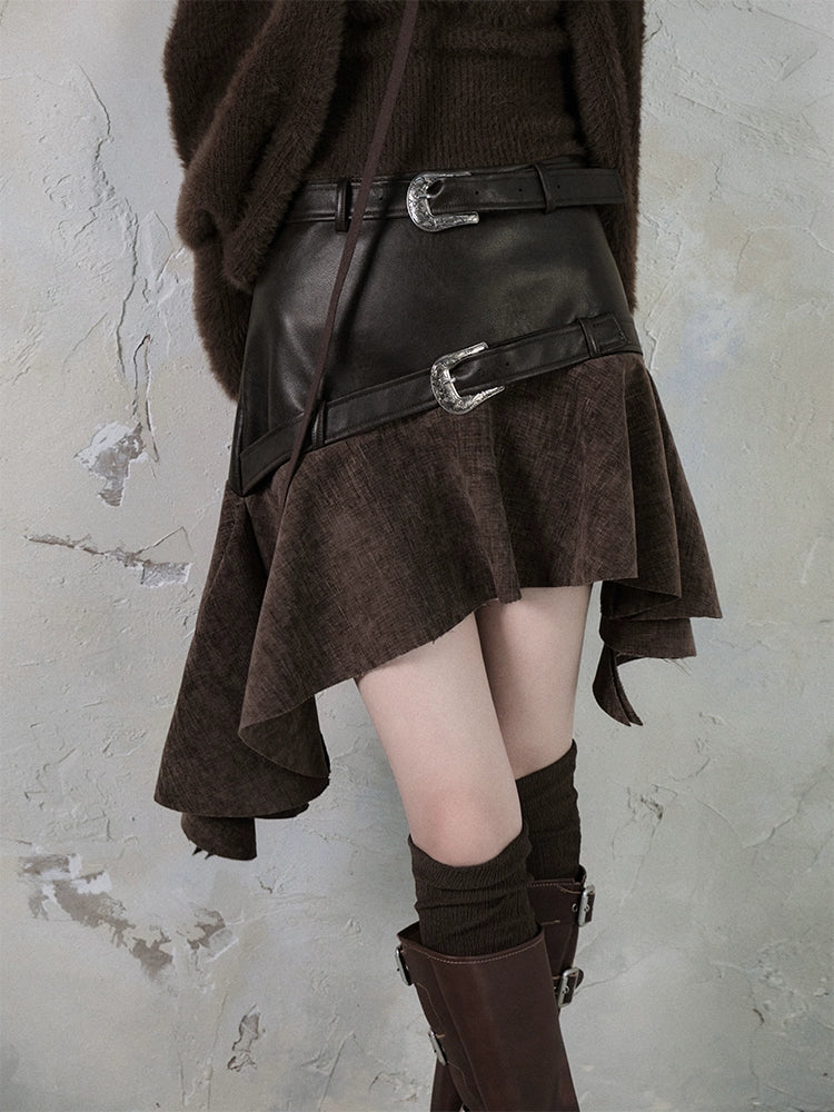 Belt Accent Irregular Thin Leather Switching Skirt