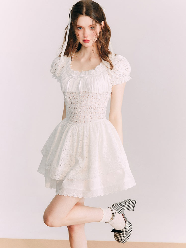 Embroidered Lace Waist Hollow Short Dress