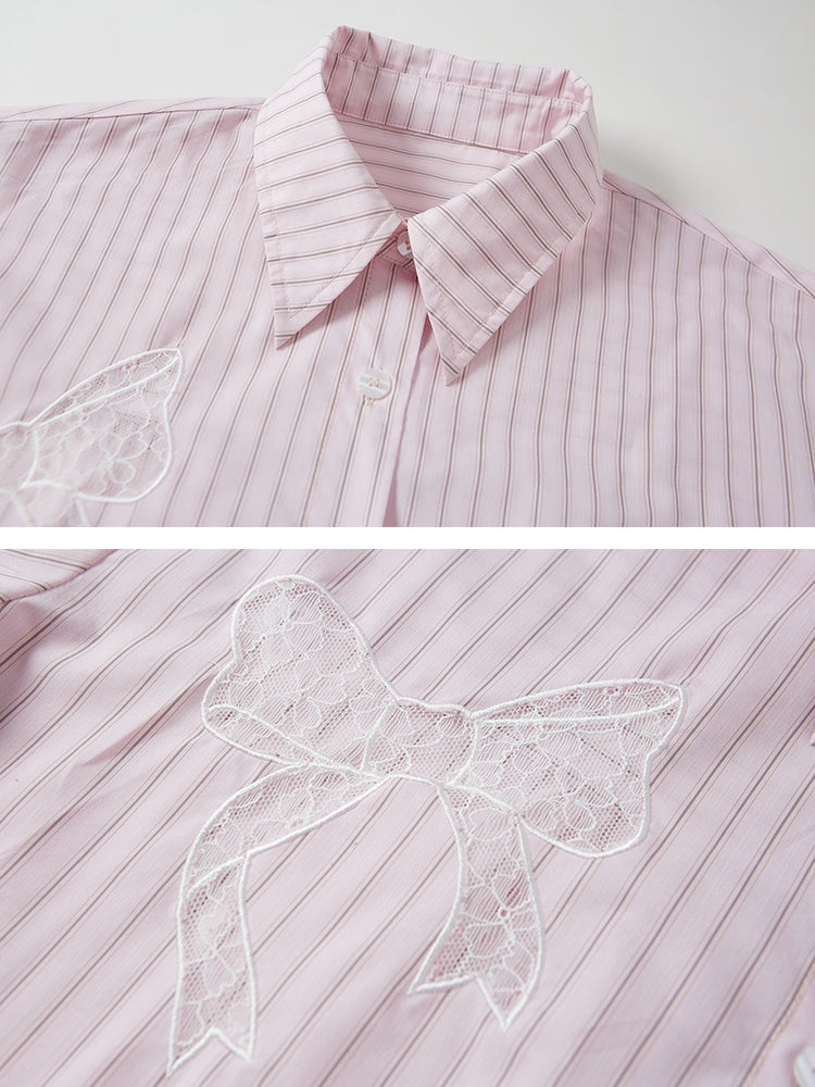 Striped Lace Cutout Bow Shirt