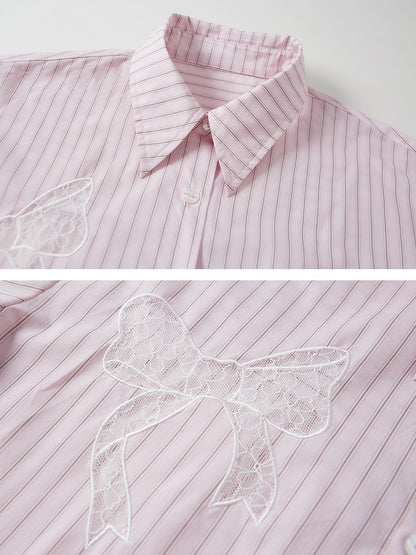 Striped Lace Cutout Bow Shirt