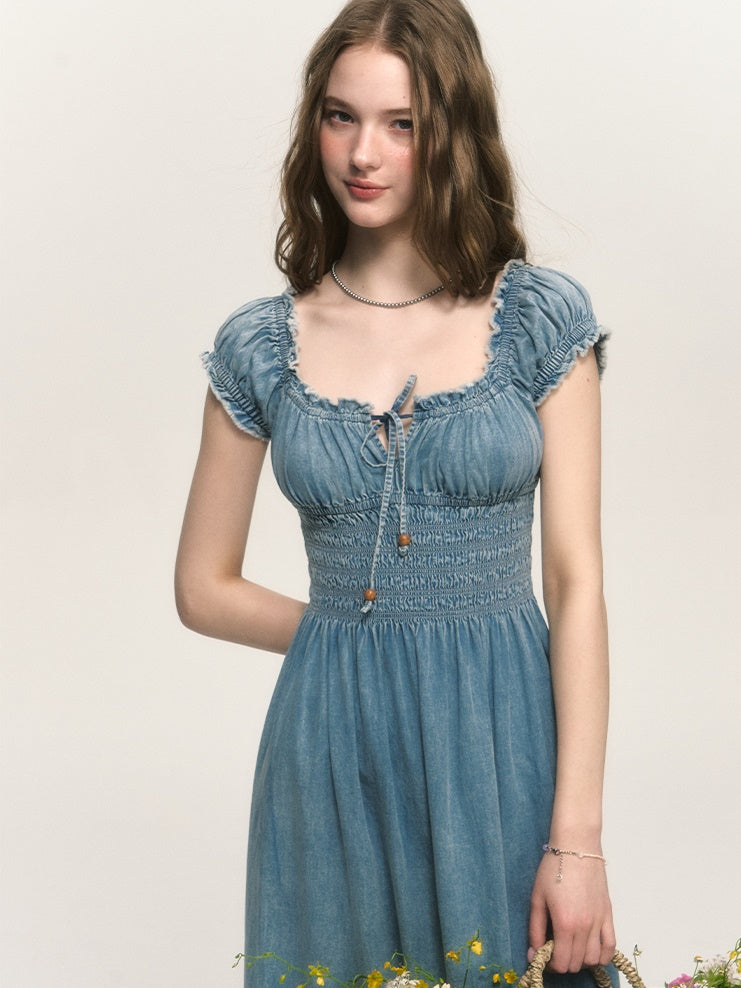 Retro Shirring Waist Washed Denim Puff Sleeve One-piece