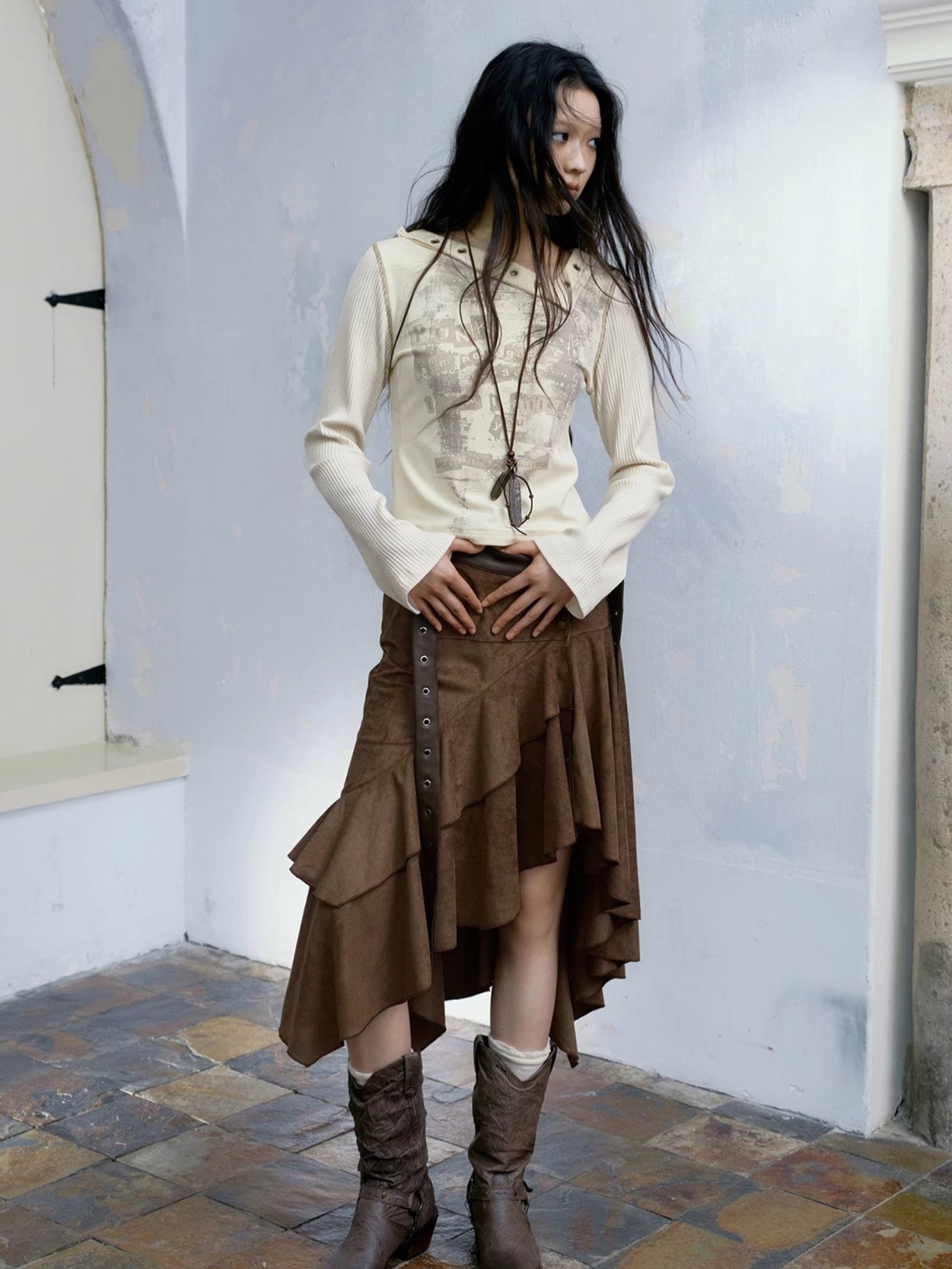 Irregular Belt Suede Texture Skirt