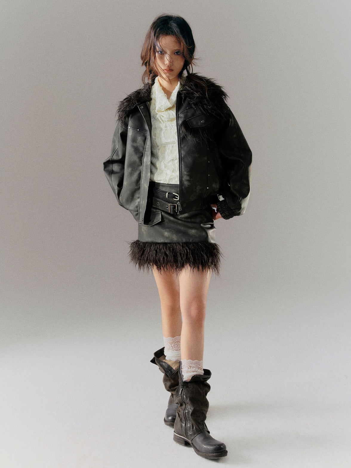 Retro Stitching Fur Double Belt Tie-dye Leather Skirt