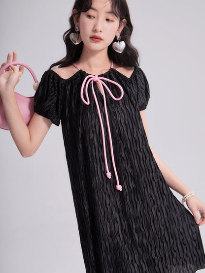 Pleated Cut-shoulder Short-sleeved One-piece