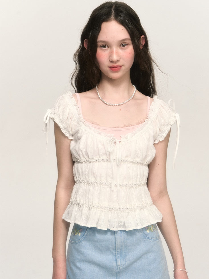 Sweet Hollow Fungus Lace Short-sleeved Shirt