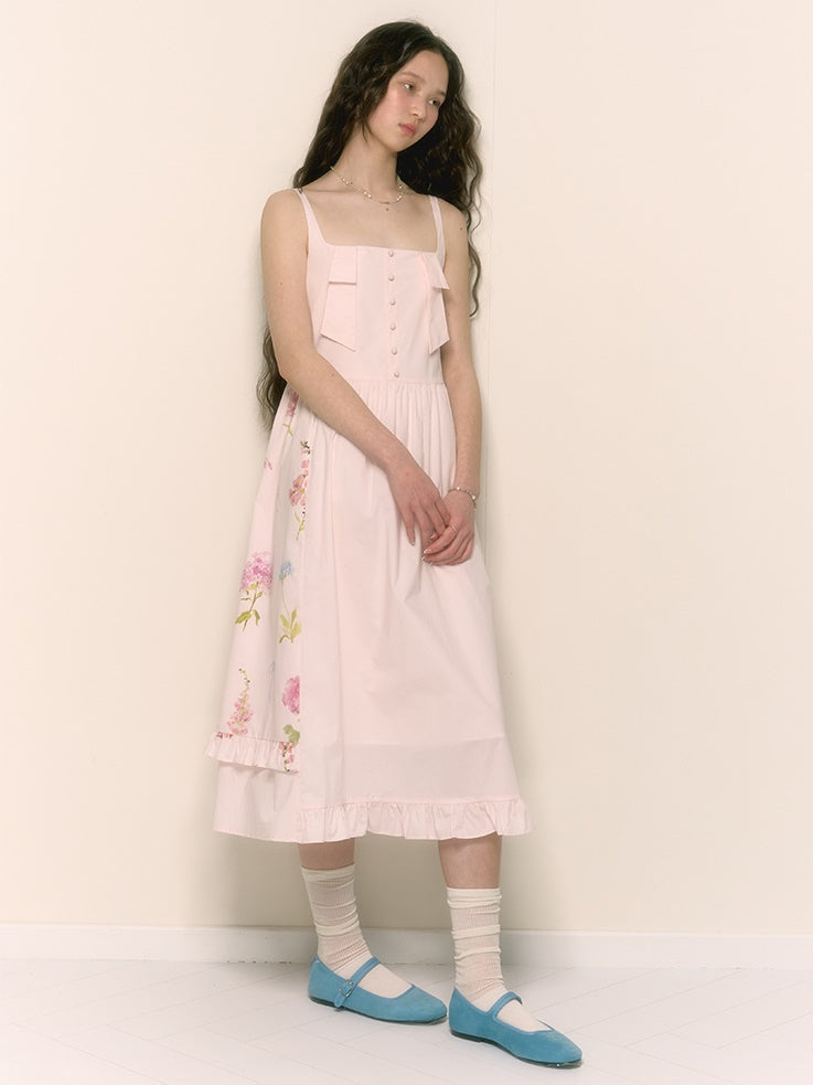 Asymmetric Floral Pleated High Waist Suspender Dress