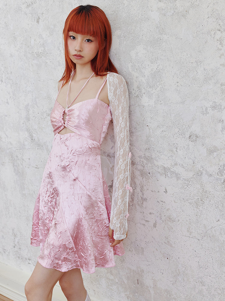 Shiny Hollow Suspender Dress &amp; Lace Sleeve