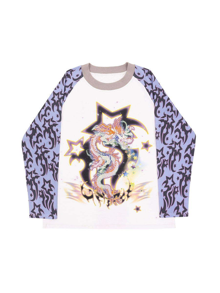 Dragon Print Raglan-Ärmel-T-Shirt