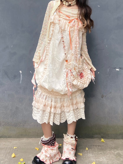 Loose Retro Pleated Lace Embroidered Dress