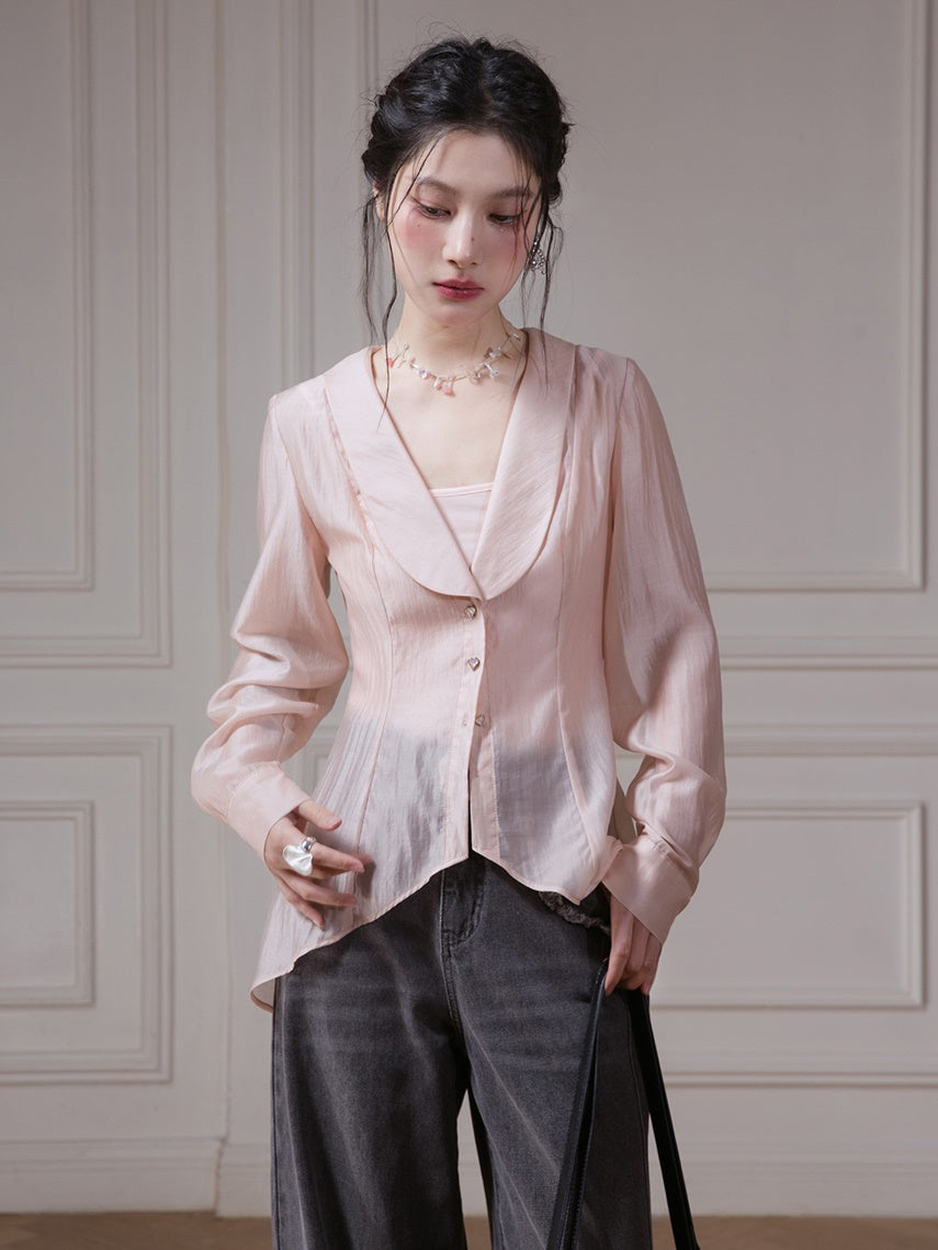 U-neck Shawl Collar Transparent Fishtail Shirt With Camisole