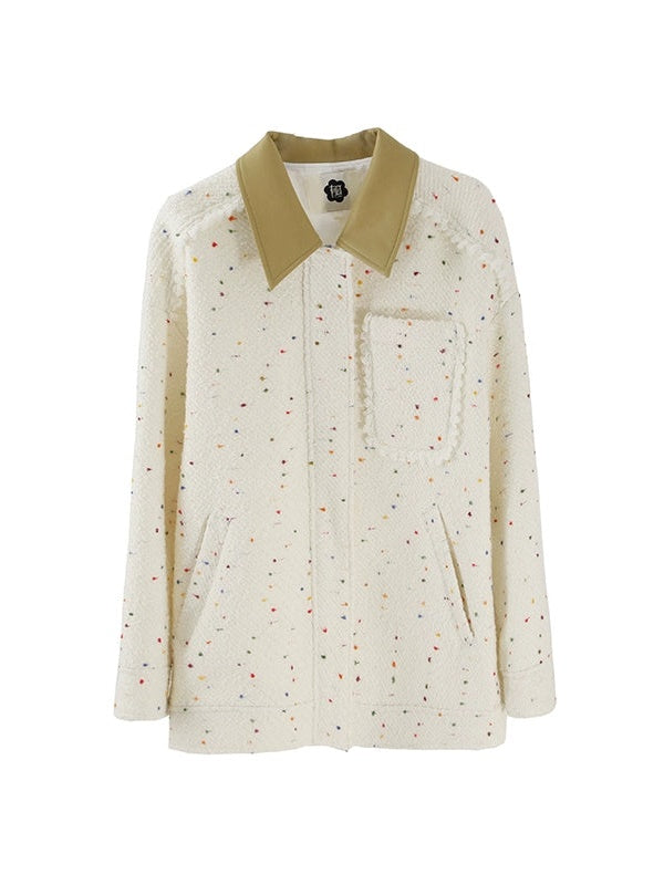 Colorful Dots PU Leather Collar Tweed Taste Jacket