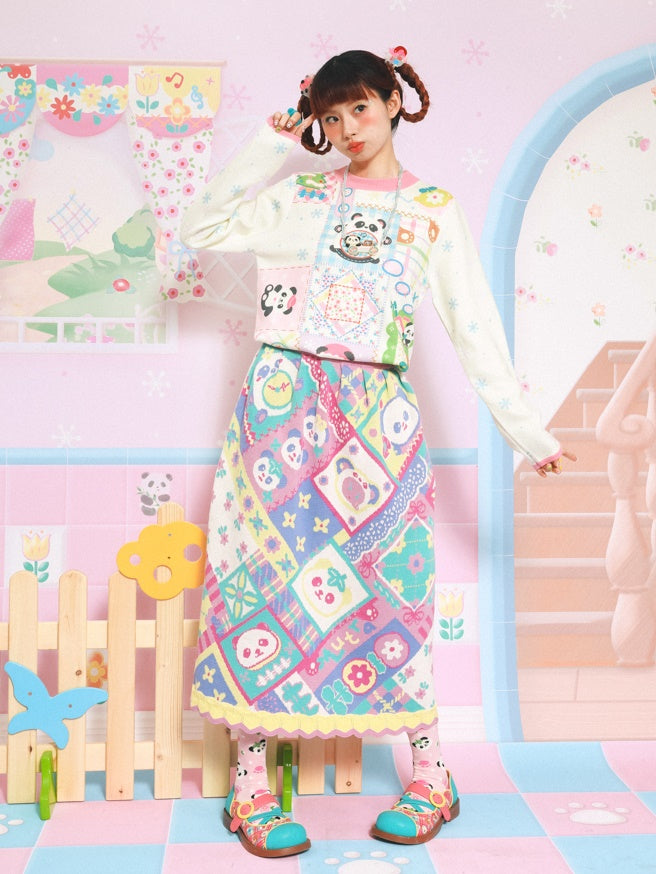 Panda Knitted Jacquard Patchwork Style Skirt