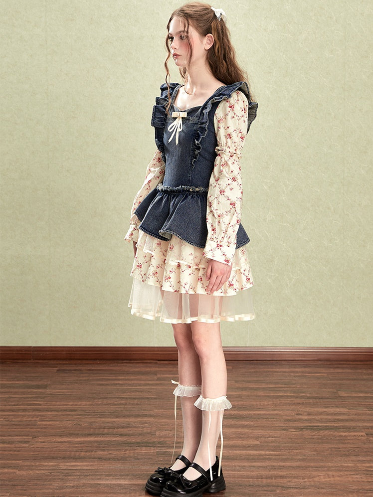 Small Flying Sleeve Stitching Denim Fake Two-piece Dress