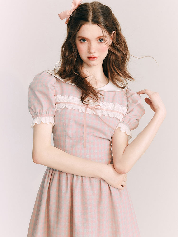 PLAID DOLL COLLAR LACE STITCH ONE-PIECE