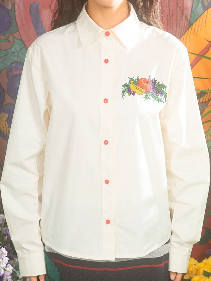 Fruit Embroidered Loose Long-sleeved Shirt