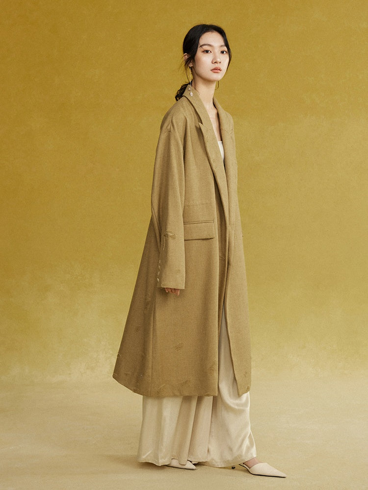 Drawstring Waist Frayed Long Coat