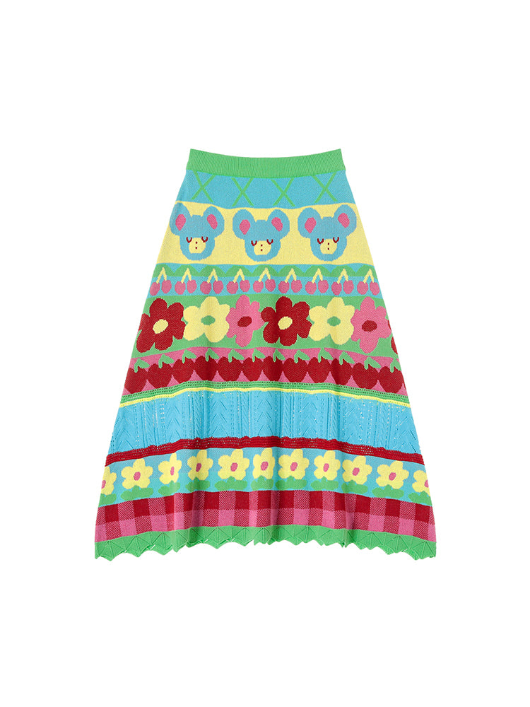 Bear Flower Knitted A-Line Skirt