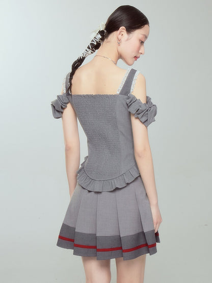 Contrast Ribbon Pleated Skirt