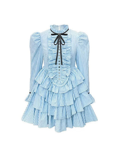 Stripes Puff Sleeves High Waist Shirt Cake Dress