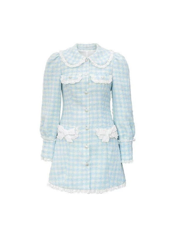 Plaid Doll Collar Lace Bow Puff Sleeve Dress