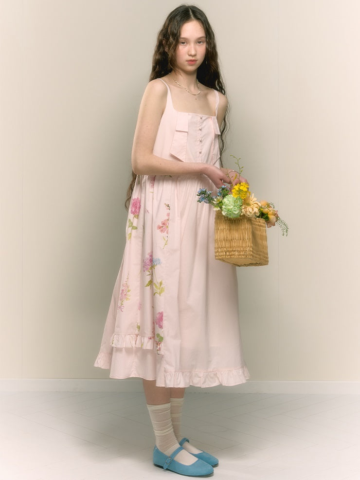 Asymmetric Floral Pleated High Waist Suspender Dress