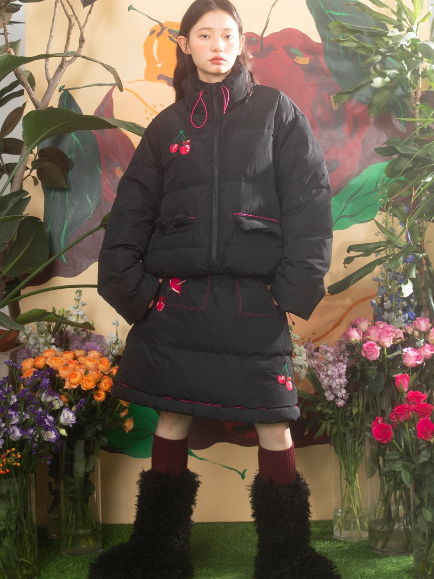 Cherry Embroidery Down Jacket &amp; Skirt