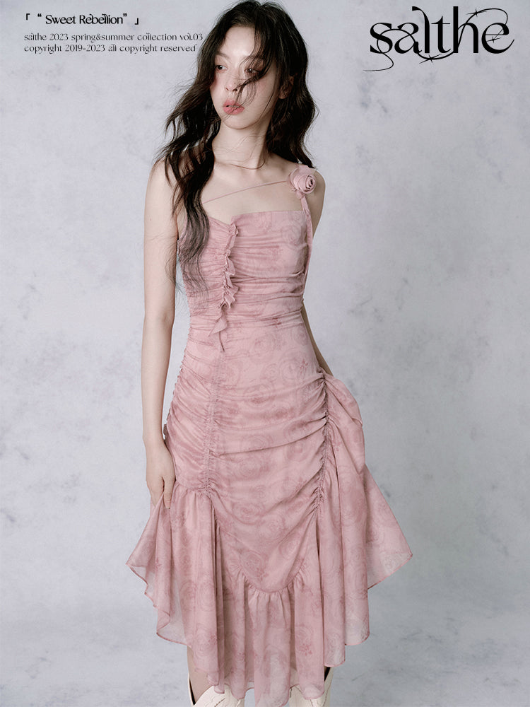 Rose Asymmetrical Wrinkled Suspender Dress Rose Asymmetrical Wrinkled Suspender Dress