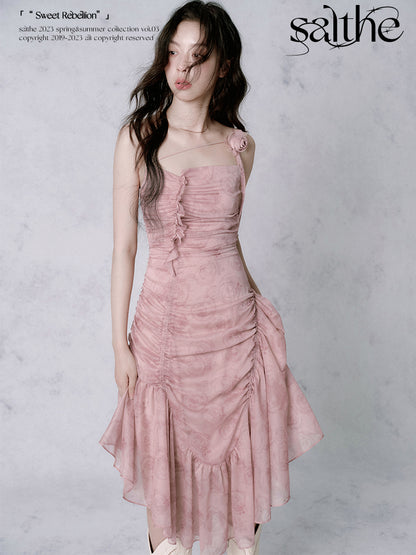 Rose Asymmetrical Wrinkled Suspender Dress