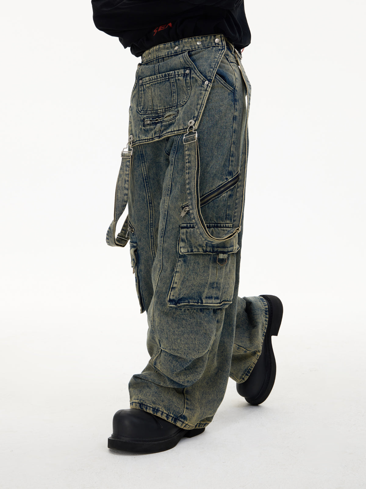 Detachable Suspender Washed Multi-pocket Cargo Jeans – ARCANA ARCHIVE