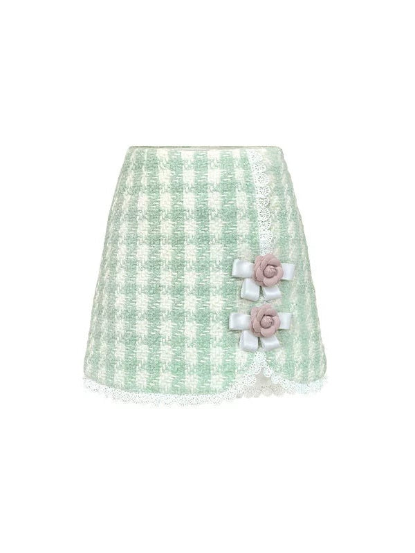 Plaid Bow Flower Brooch Lace Padded Short Jacket ＆ Skirt