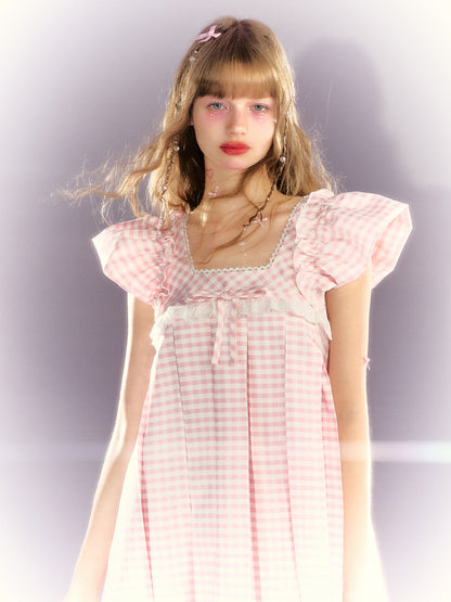 Plaid Bow Lace Square Collar Babydoll Dress