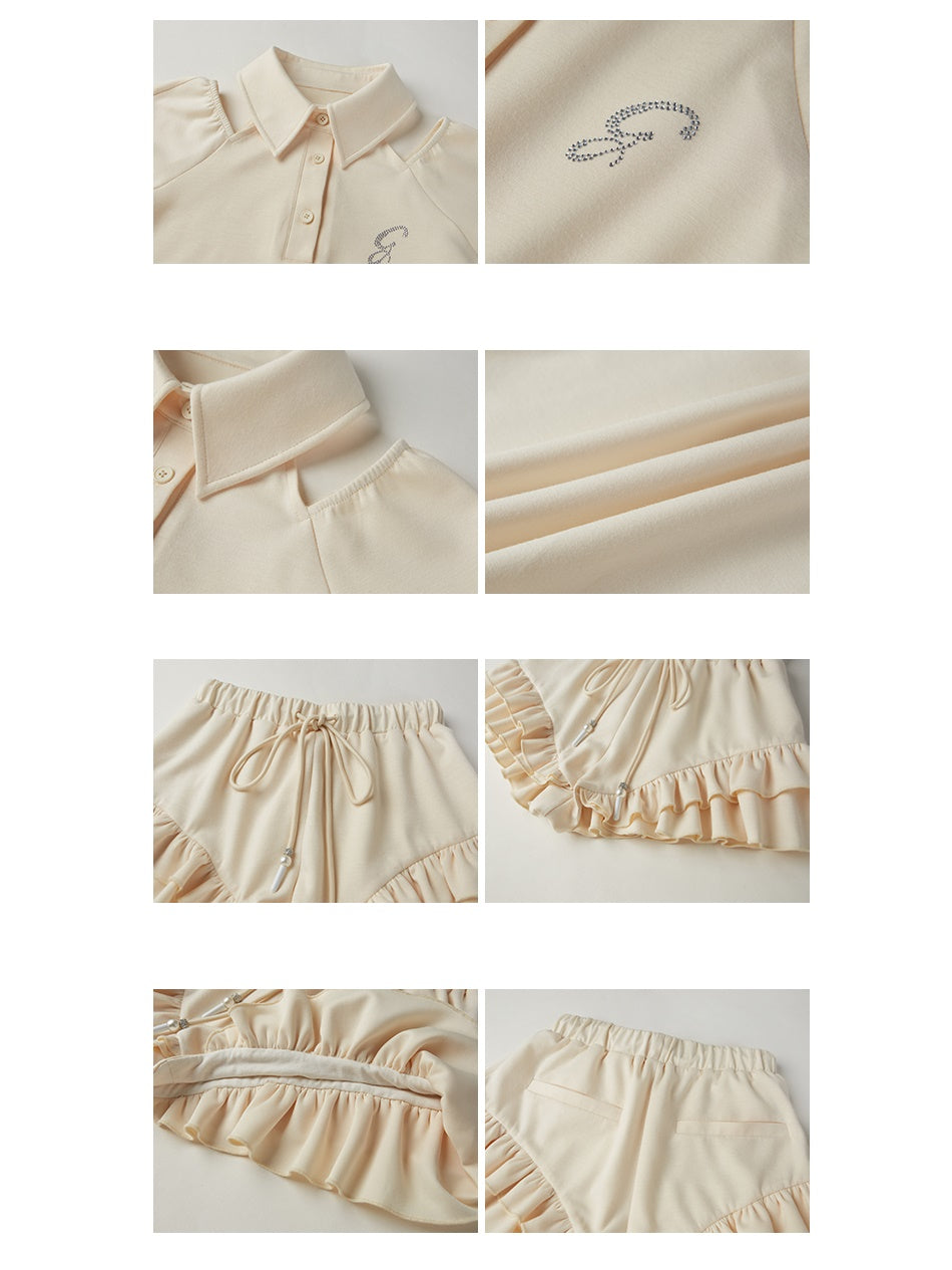 Cropped Polo Collar Shirt ＆ Ruffle Short Pants