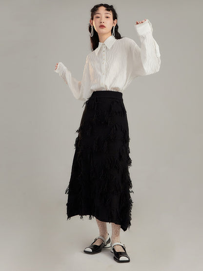 Irregular Jacquard Fringe A-line Mid-length Skirt