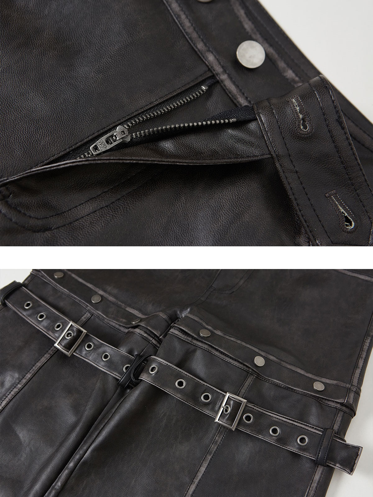 Button Deconstructed Leather Straight Trousers