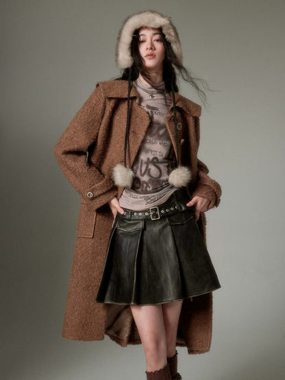 Large Lapel Design Button Middle Length Coat