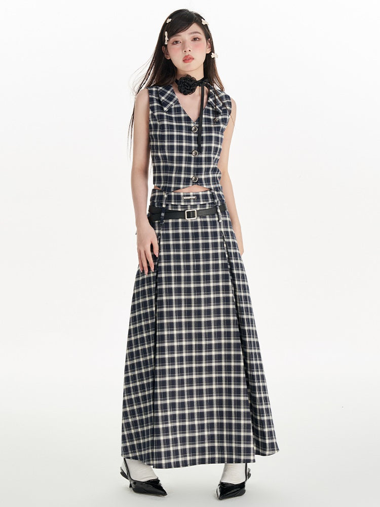 Plaid Short Vest &amp; High Waist A-line Long Skirt