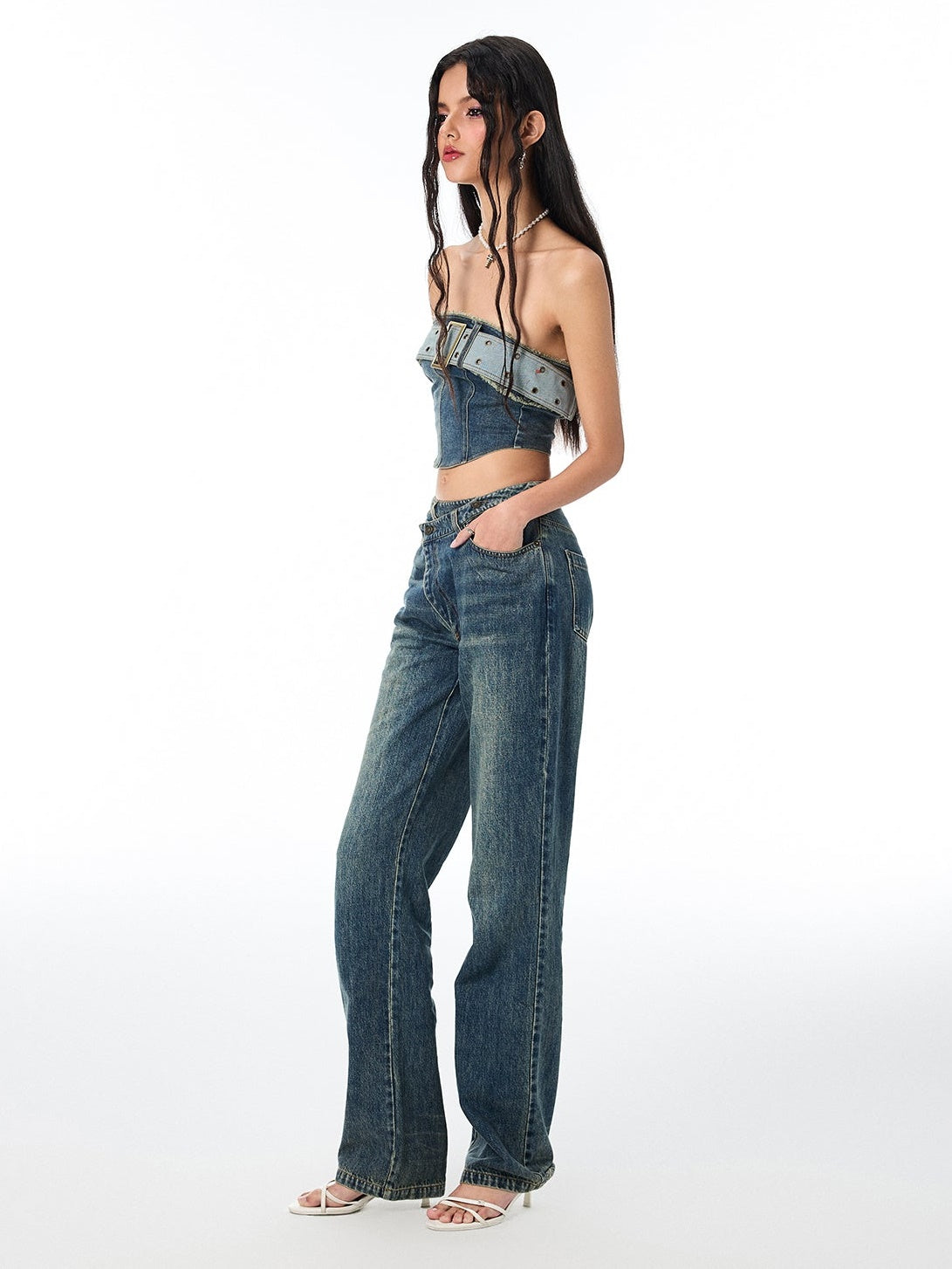 Diagonal -Placket Jeans gewaschene Jeans