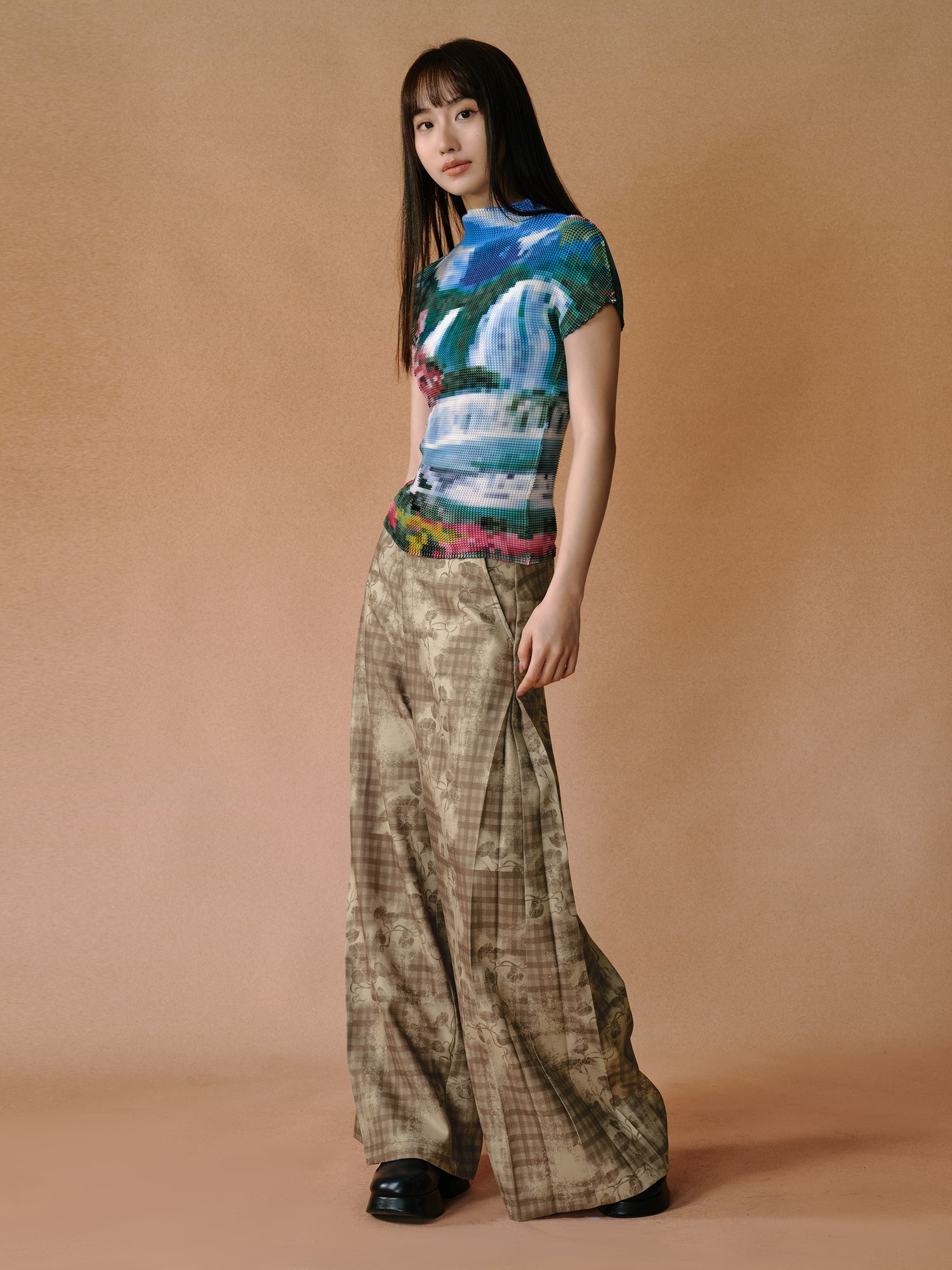 Retro Hand-painted Smudged Plaid Wide-leg Pants