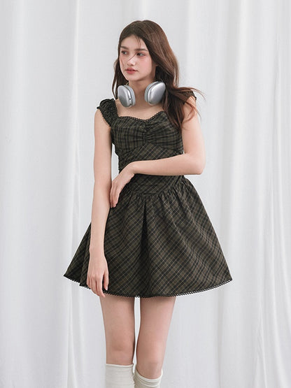 Check Lace Gather Short Dress