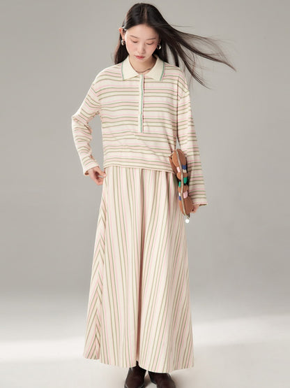 Easy Chic Grainy Texture Striped Knitted POLO Shirt ＆ Skirt