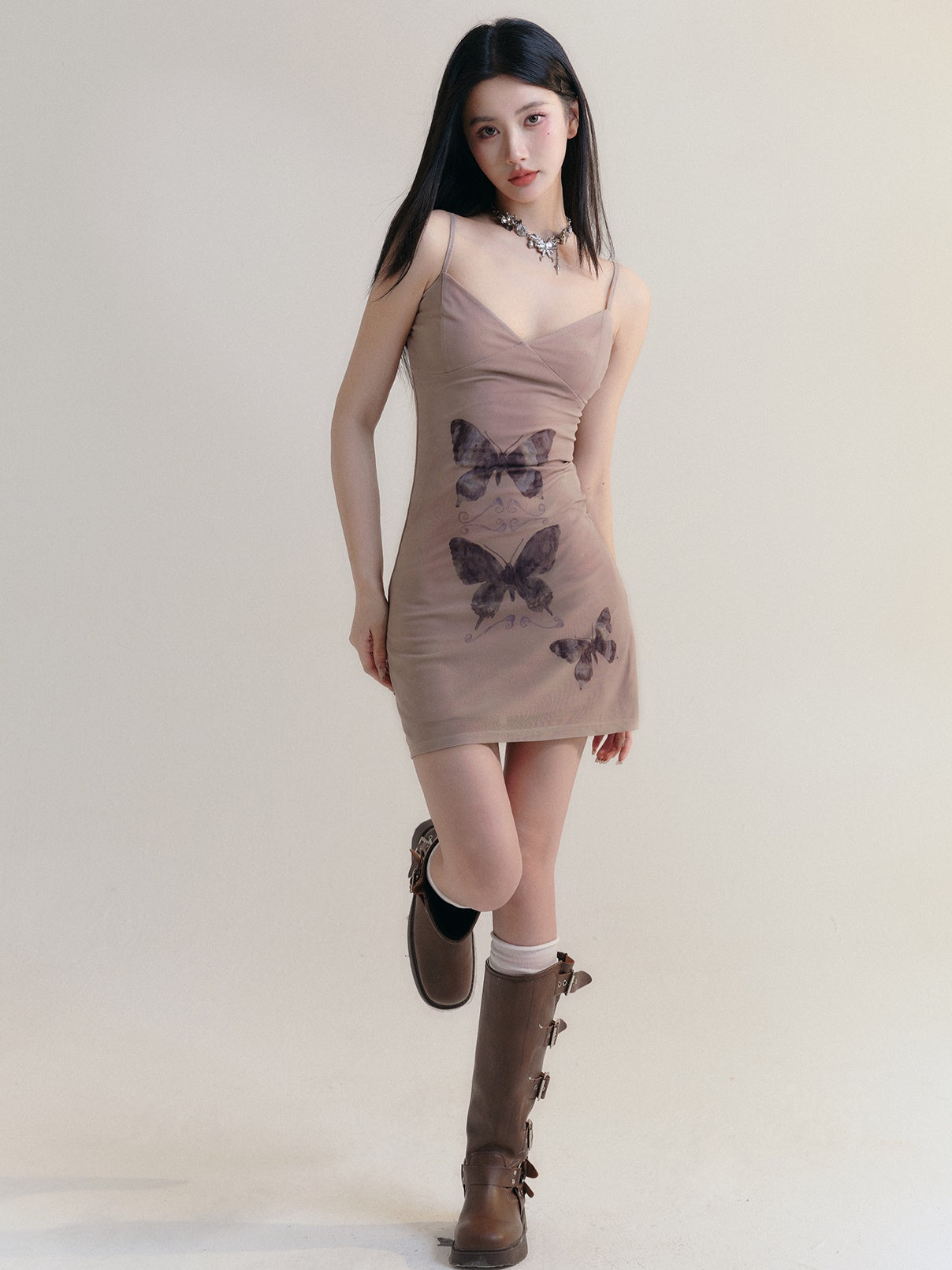 Butterfly Print Suspender Slimming Dress