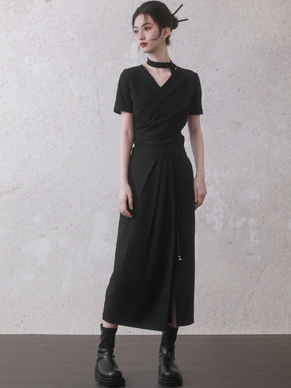 Pressed Pleated Slit Wrap Style Skirt