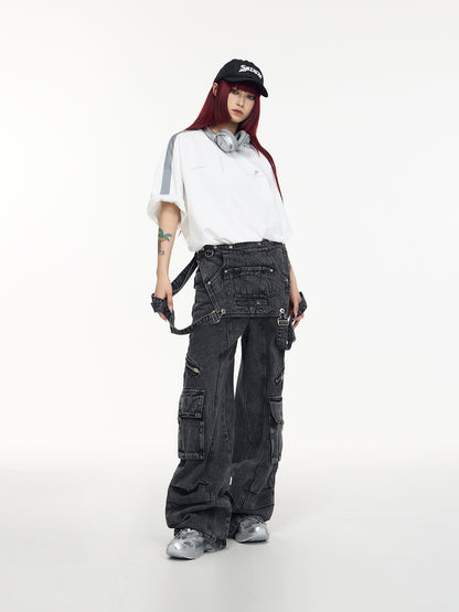 Retro Suspender Design Stitching Denim Pants