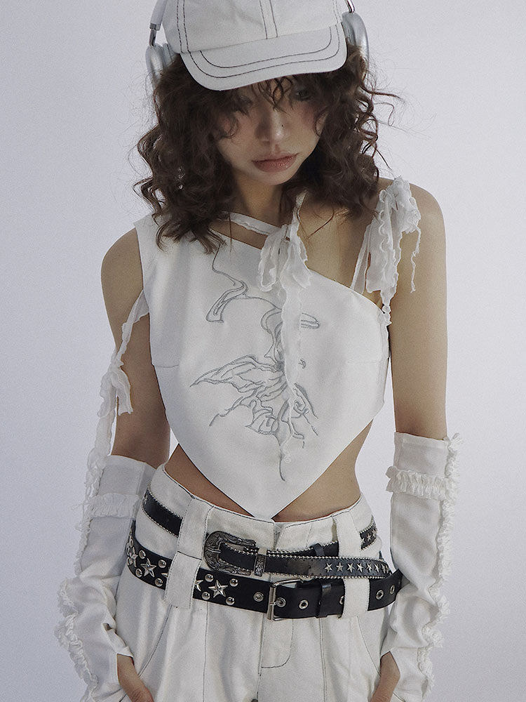 Embroidery Ruffle Asymmetry Nichi Tops